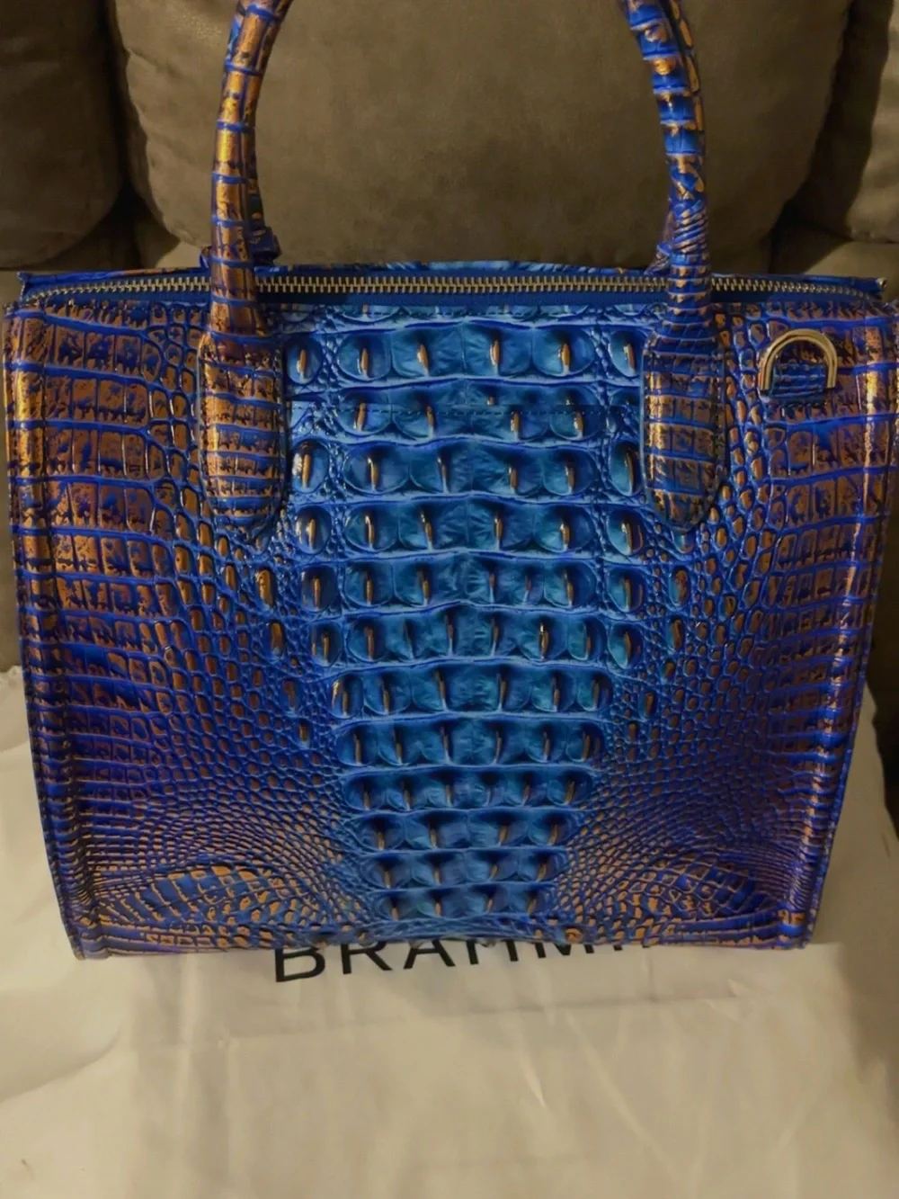 Brahmin Blue and Brown Croc-Embossed Satchel